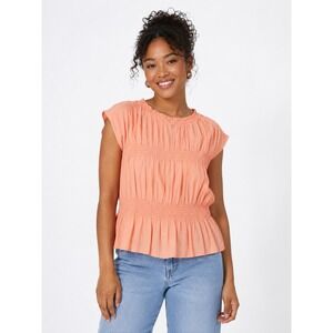 HM Womens Peach Smocked Peplum Blouse Sleeveless Ruffle Neck Top Large 047